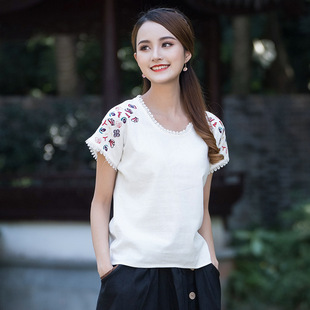 新款 t恤女装 2023夏季 民族风刺绣短袖 大码 纯棉白色宽松上衣体恤衫