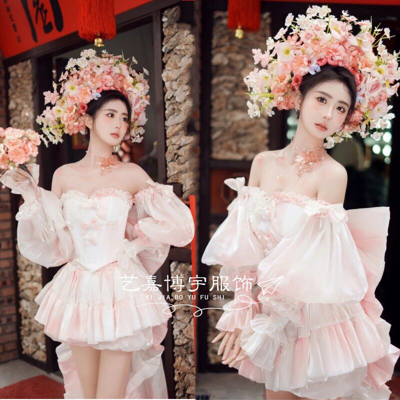 影楼新簪花甜美粉色抹胸连衣裙高定泡泡袖蓬蓬裙旅拍摄影写真服装