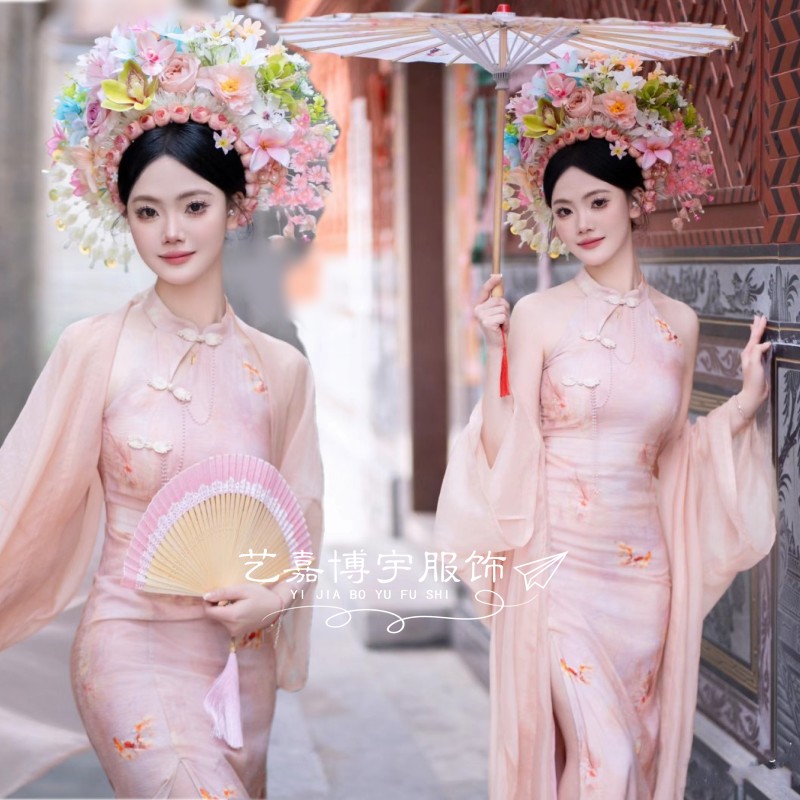 簪花新中式写真服装复古粉色旗袍