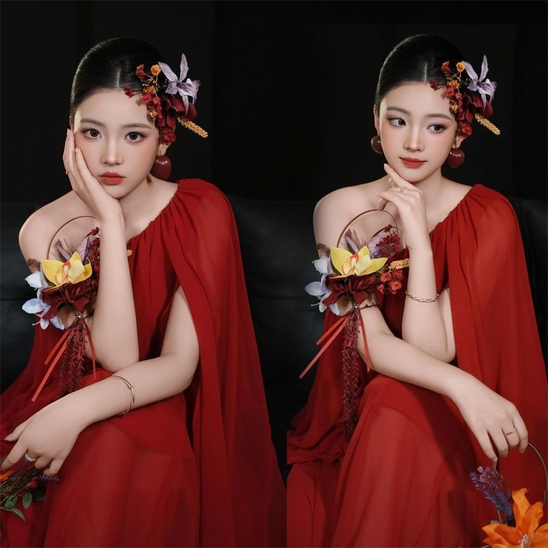 影楼新款主题服装红色喜庆订婚氛围感连衣裙肖像艺术写真摄影服装