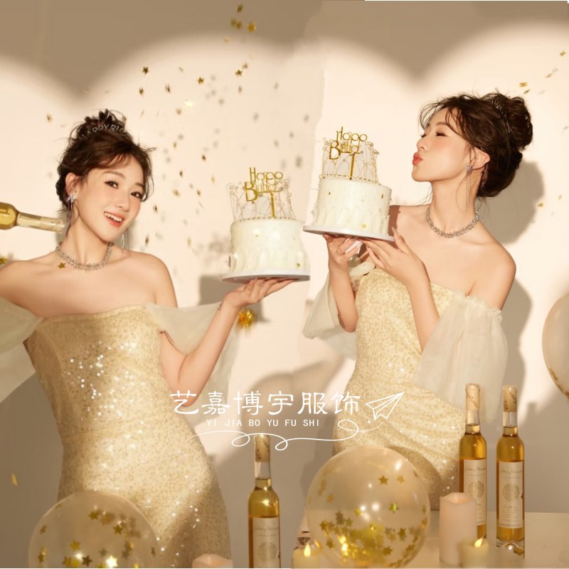 影楼法式气质名媛公主风抹胸连衣裙新款个人生日拍照写真摄影服装