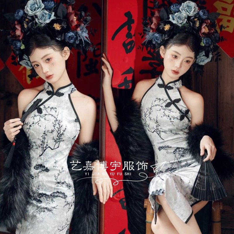 女簪花写真服装中式国风改良旗袍