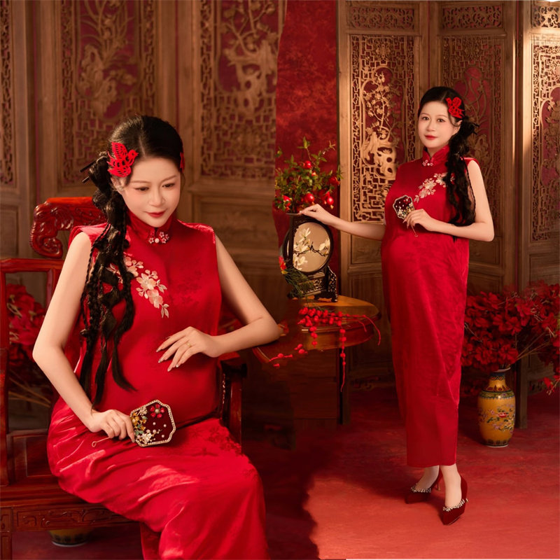 新款新中式红色旗袍喜庆孕妇照摄影写真服装影楼孕妇主题国风套装