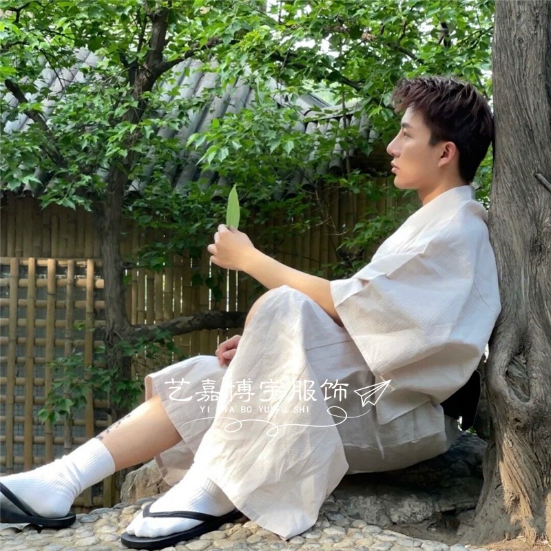 日本和服男武士和服正装剑道黑色顺条纹传统夏日祭花火大会和服