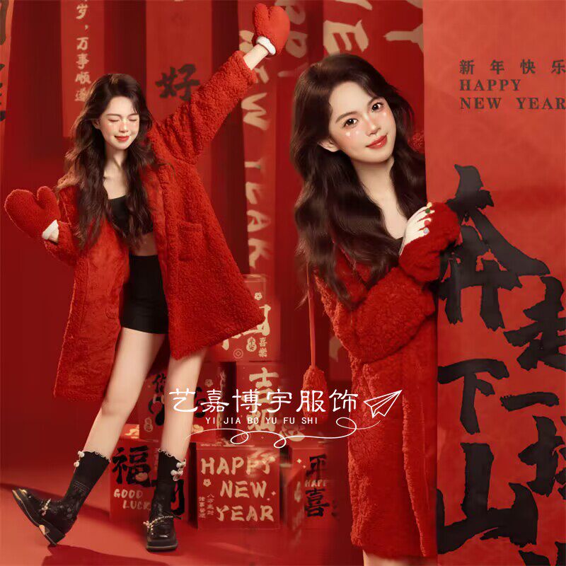 影楼秋冬新款圣诞新年主题写真服装毛衣红色甜美少女感摄影艺术照
