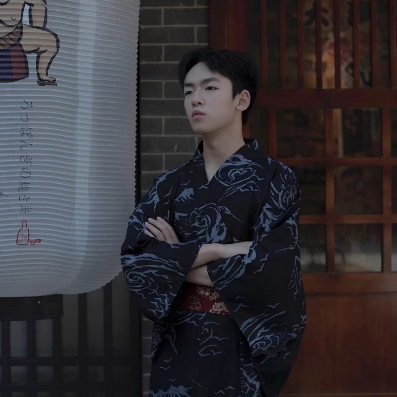 男士蓝色霸气四季浴袍日式和服