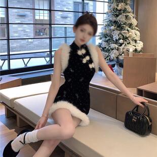 纯欲小个子秋冬新中式丝绒旗袍烫钻蝴蝶结毛绒国风盘扣包臀连衣裙