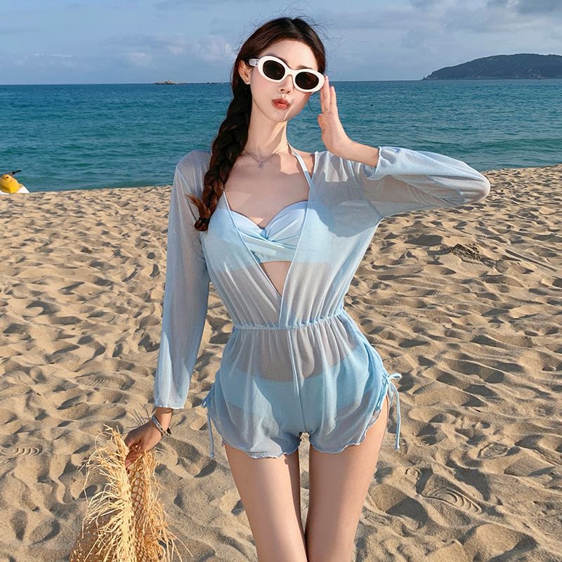 蓝色比基尼女分体式长袖连体罩衫