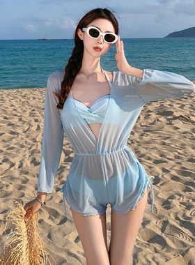 蓝色比基尼女分体式长袖连体罩衫性感海边度假带胸垫温泉泳衣套装