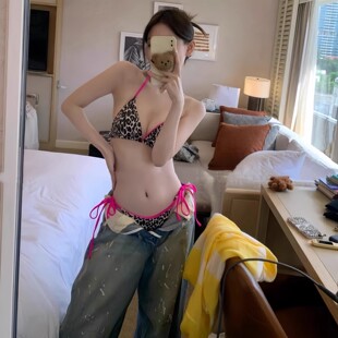 泳衣女欧美性感豹纹撞色比基尼三点辣妹小胸聚拢海岛沙滩温泉度假