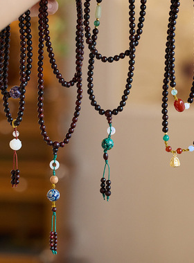 文创设计天然小叶紫檀饰品编织大漆珠莲花女手链108颗念珠手串