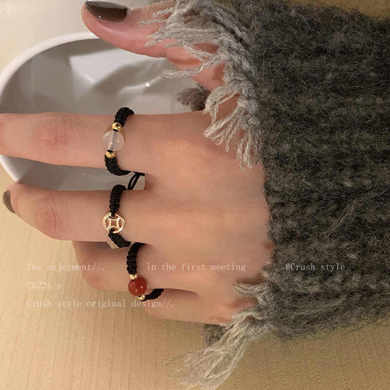 相思红豆~玛瑙编织绳戒指女中国风时尚个性指环复古网红情侣尾戒