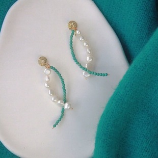 简约设计耳钉流苏蓝松小珠气质淡水异形珍珠交叉耳夹手作耳饰女