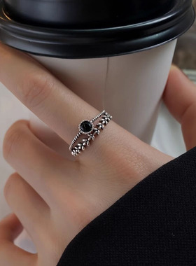 s925纯银黑锆石麦穗戒指女ins潮个性甜酷风小众设计复古双层指环