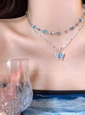 夏日风蓝色蝴蝶项链女生清凉高级感设计锁骨链双层小众choker
