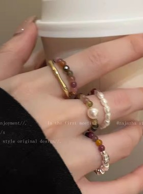 珍珠天然石戒指女轻奢复古小众设计食指戒高级串珠碎银子指环