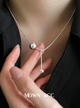 流苏圆球S925银项链女重工简约几何锁骨链嘻哈朋克金属摇滚锁骨链