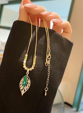 一叶暴富轻奢绿色树叶项链女高级感叶子吊坠锁骨链新款ins风百搭