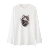 丝滑宽松版 JCMM 新品 0313 白色印花猫咪上衣4G2200581 JANE