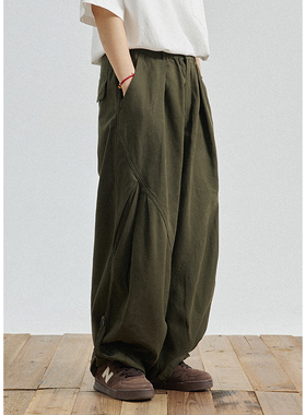 GoodNorth军绿色复古工装裤男女同款长裤秋季松紧腰宽松休闲裤子