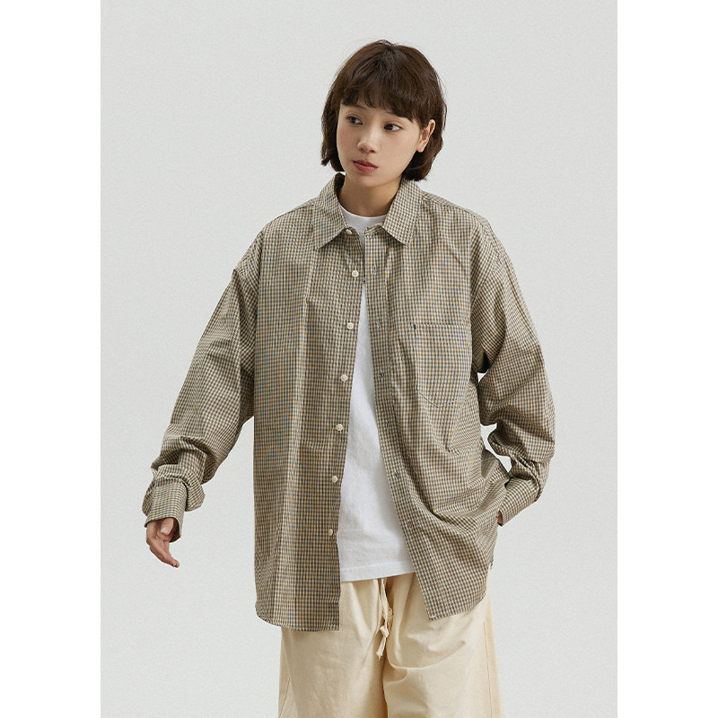 GoodNorth复古卡其格子长袖衬衫