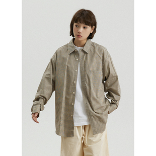 上衣宽松翻领衬衣 长袖 GoodNorth设计感复古卡其格子衬衫 男女同款