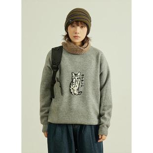 GoodNorth日系复古猫咪提花圆领套头毛衣男女同款 打底针织毛线衫