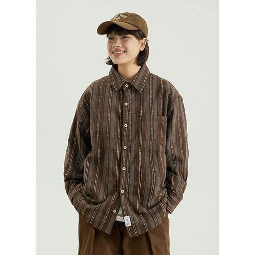 GoodNorth日系复古条纹长袖衬衫