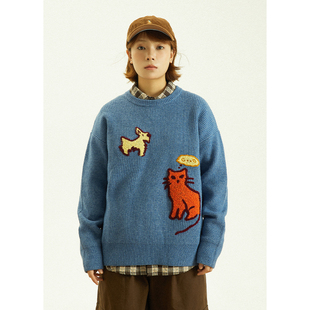 GoodNorth秋冬卡通宠物刺绣针织毛衣男女同款慵懒风宽松套头上衣