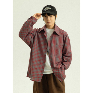 GoodNorth复古红格子衬衫男女同款宽松长袖上衣休闲百搭格纹衬衣