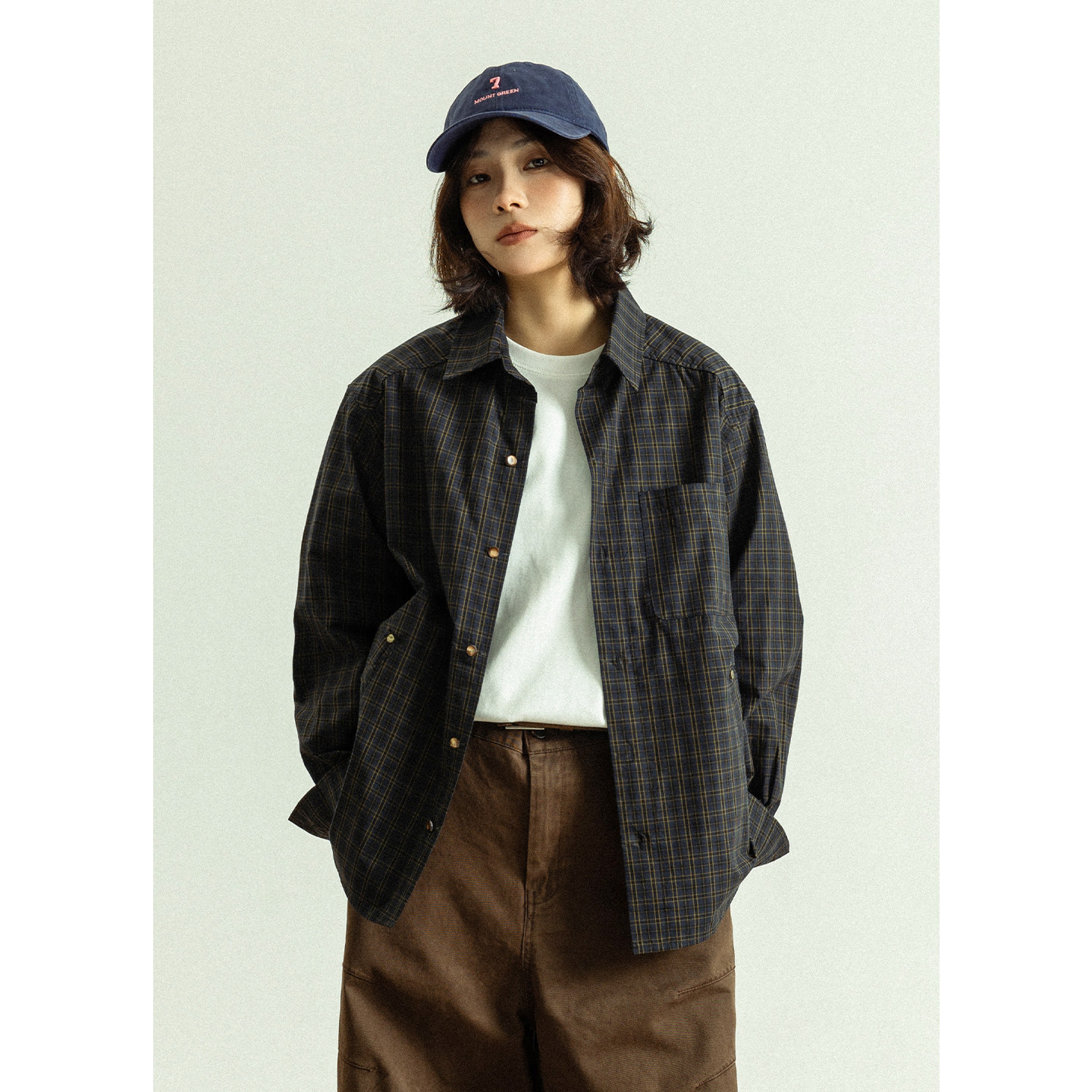 GoodNorth复古纽扣格子衬衫男女同款上衣宽松慵懒风休闲衬衣外套