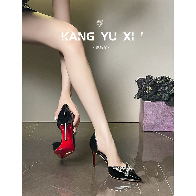 康羽兮丨黑色水钻红底高跟鞋女图片