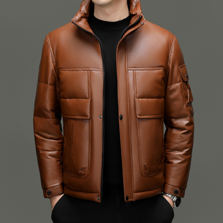 宾徒男款真皮羽绒服冬季加厚翻领修身男士皮夹克白鸭绒短款外套潮