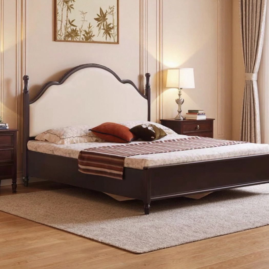 全实木床家用简约中古大板床美式复古卧室深胡桃色软靠主卧双人床