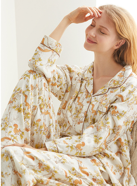 cutelife四层竹棉女士长袖家居服月子服孕妇竹棉哺乳睡衣秋冬套装