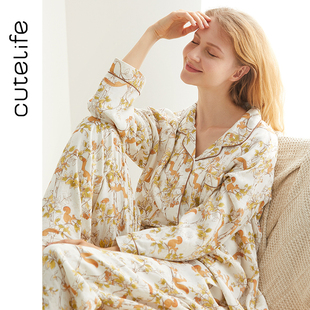 cutelife四层竹棉女士长袖家居服月子服孕妇竹棉哺乳睡衣秋冬套装