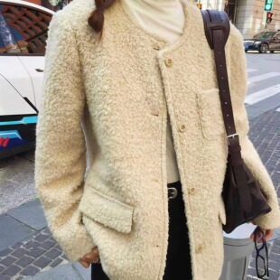OVERTAKE韩国东大门25冬季新款无领羊毛夹克大衣韩系小众时髦大衣