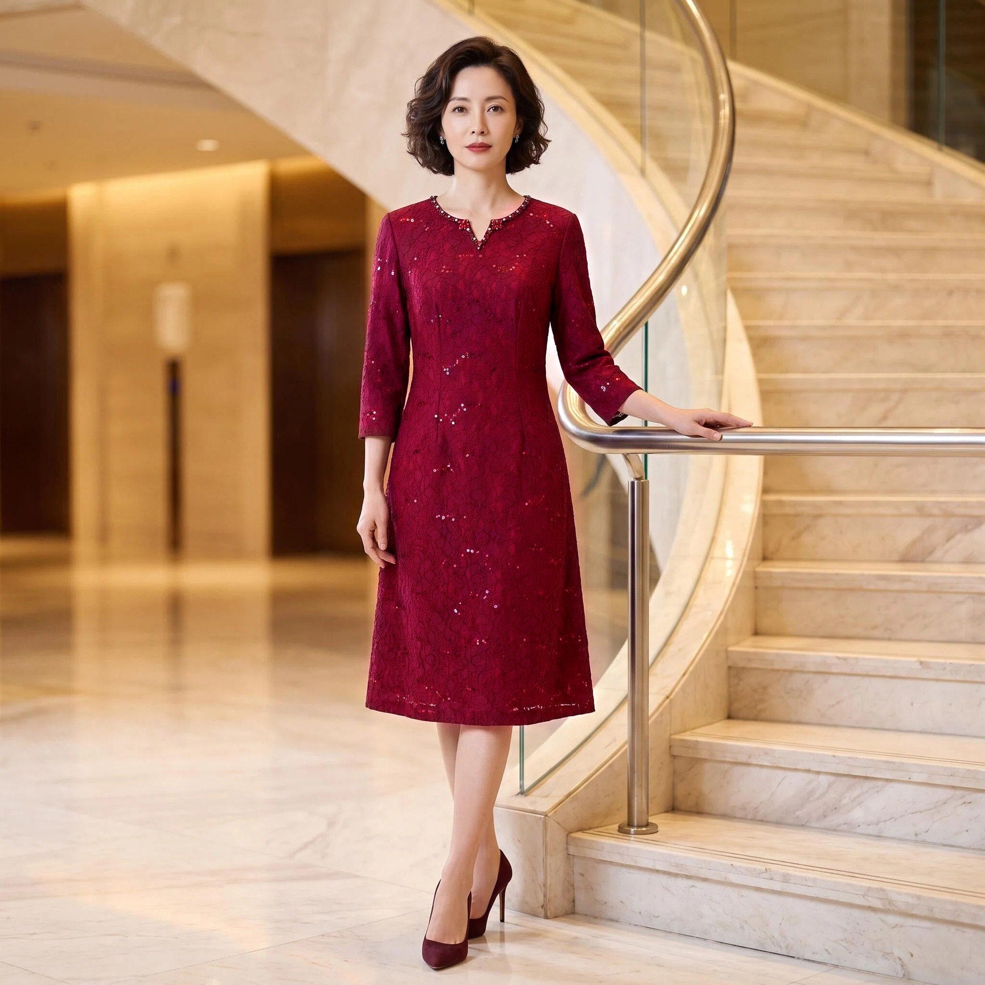 蕾丝妈妈装婚礼喜婆婆酒红色旗袍连衣裙中老年礼服2026秋冬新款女