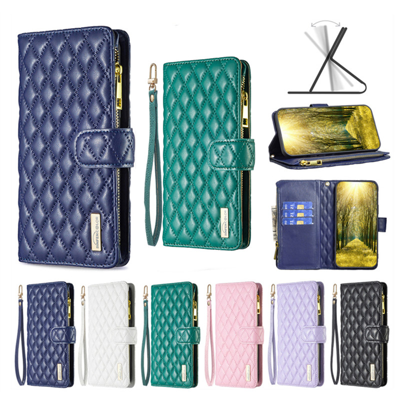 适用于三星Galaxy A22 5G/A22S/A226B手机套格纹保护套拉链零钱包翻盖皮套多插卡挂绳手包软硅胶防摔支架奢华