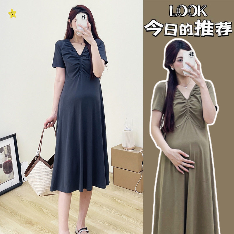 雪美芙孕妇裙2024夏季新款韩版时尚辣妈气质V领简约A字显瘦连衣裙
