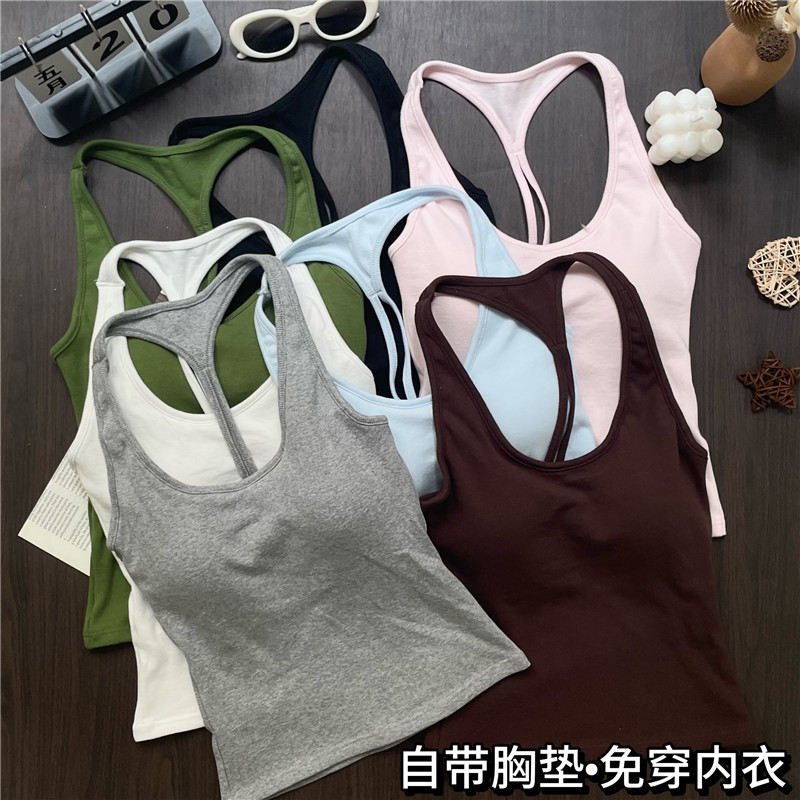 显瘦辣妹运动风工字挂脖美背吊带背心一体式固定胸贴外穿露背上衣