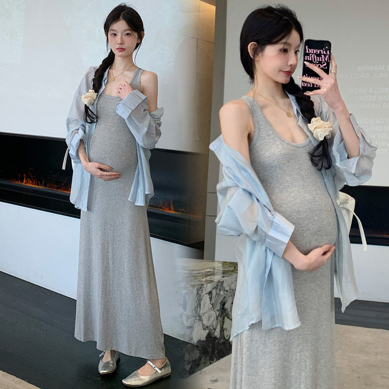 2025春夏新款弹力针织背心裙+蓝色开衫两件套显瘦外穿孕妇套装女