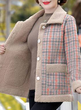 中年妈妈秋装颗粒绒外套短款40岁50中老年女装秋冬羊羔绒加绒上衣