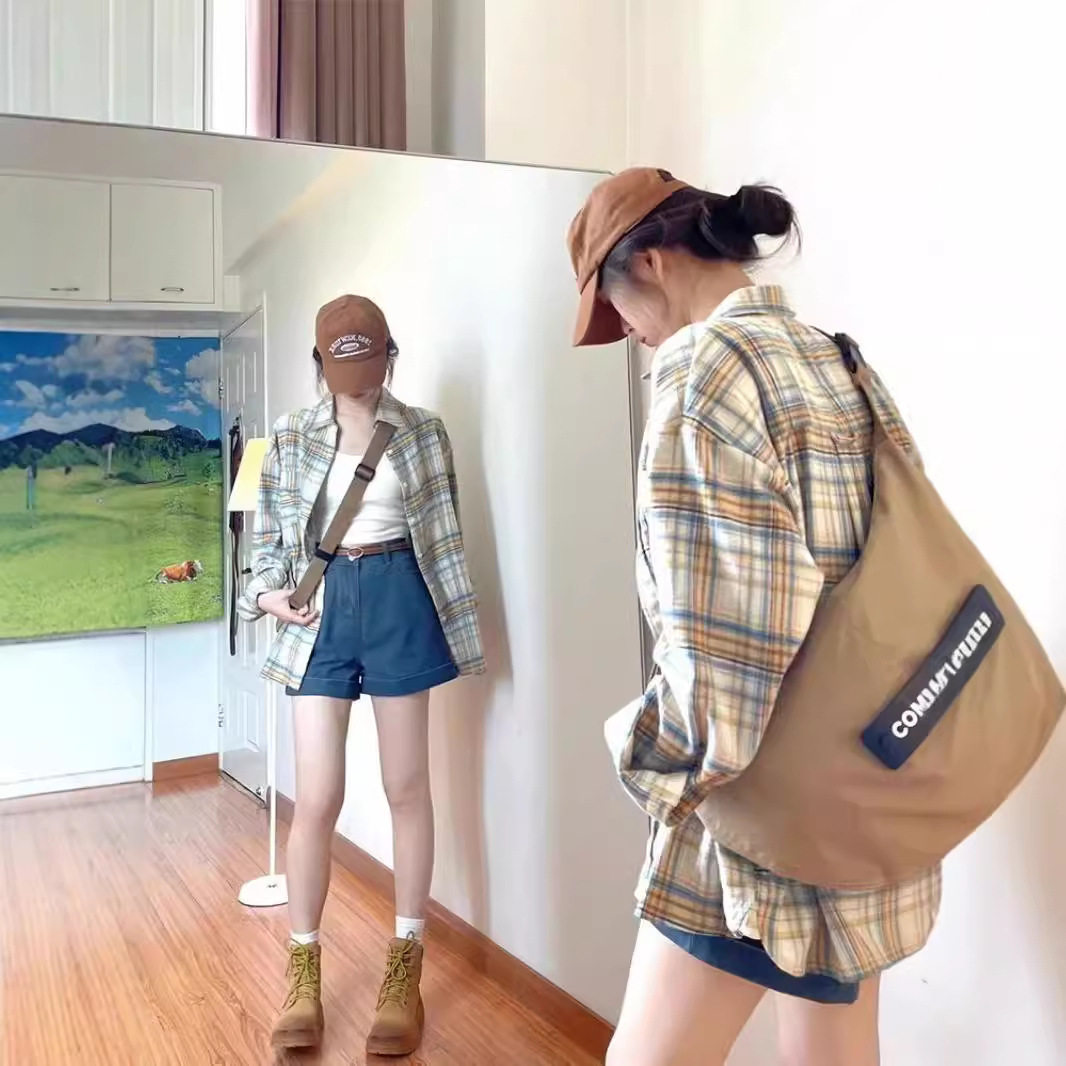 韩式复古长袖格子衬衫女夏季新款设计感宽松衬衣薄款上衣外套