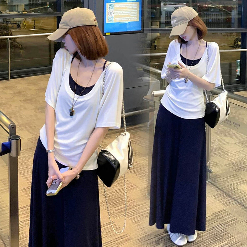 XMF孕妇装微胖mm大码夏季挂脖吊带微透显瘦宽松上衣纯欲两件套女