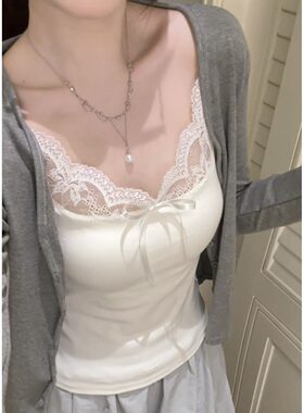 纯欲甜美风小清新温柔蝴蝶结蕾丝边带胸垫吊带背心内搭打底吊带