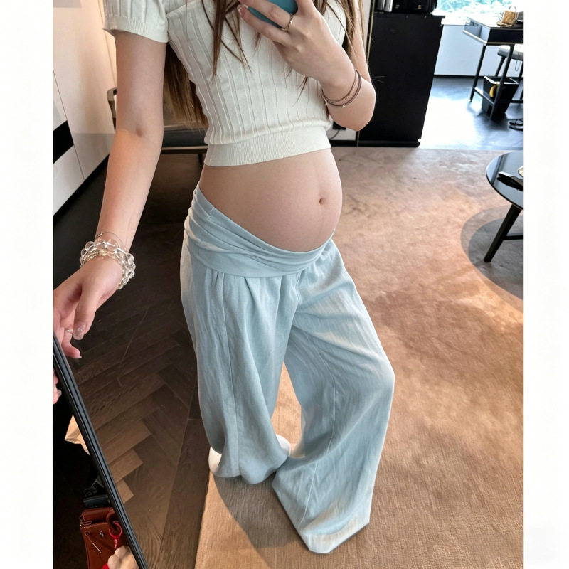 白色天丝亚棉麻翻腰孕妇阔腿裤春夏季薄款宽松老钱风孕妇直筒长裤