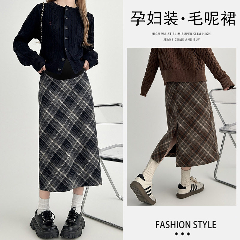 孕妇半身裙秋冬外穿高腰托腹格子毛呢裙新款韩版复古显瘦A字裙