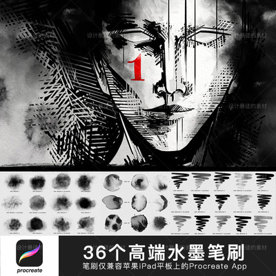 iPad Procreate水墨笔刷 苹果平板画笔工具素材 手绘国画泼墨风格
