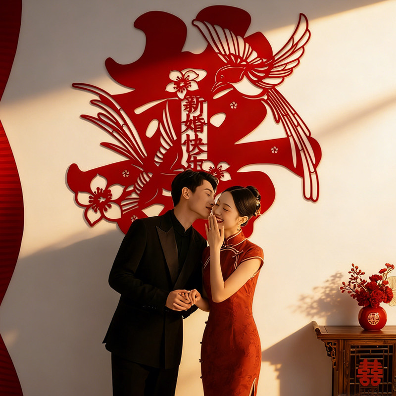 超大喜字贴结婚专用婚房布置植绒无纺布囍字帖婚礼装饰背景墙拍照